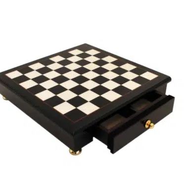 Alternative view of Staunton Chess Pieces in Gold and Silver Plate with Black and White Burr Wood Pedestal Chess Board and Storage Drawer