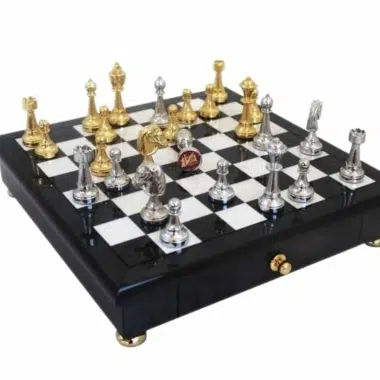 Staunton Chess Pieces in Gold and Silver Plate with Black and White Burr Wood Pedestal Chess Board and Storage Drawer