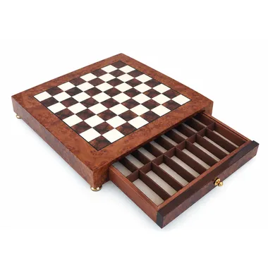Burl wood chess board with open storage drawer for the pieces