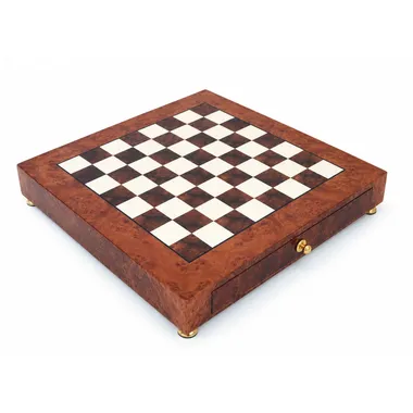 Burl wood chess board on a stand, three-quarter view with inlaid squares