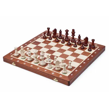 Folding wooden chess board size 5 with light and dark pieces set out