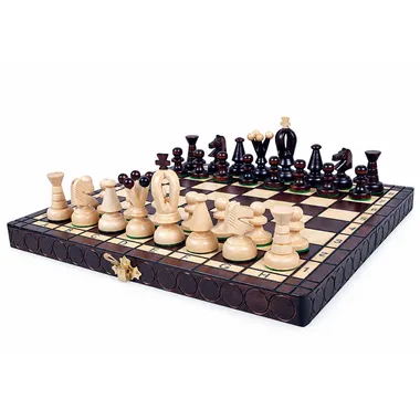 Complete foldable wooden chess set with dark and light pieces on board