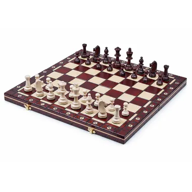 Foldable wooden chess board with pieces set up in starting position