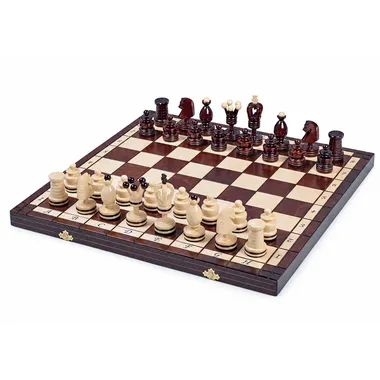 Folding wooden chess board with light and dark pieces set up for play