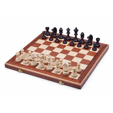 Complete chess set with foldable wooden board, light and dark pieces