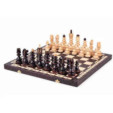 Large foldable wooden chess set, light and dark pieces arranged
