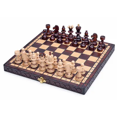 Foldable wooden chess set, open board with all pieces set up