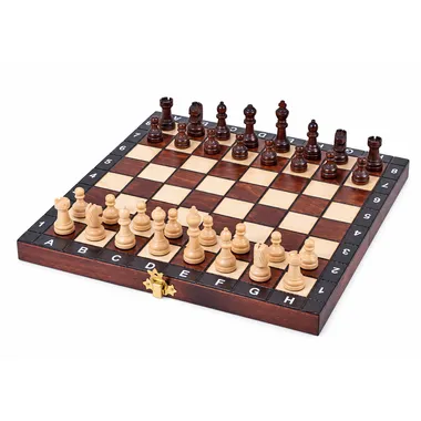 Étudiant wooden chess set set up, light and dark pieces in play