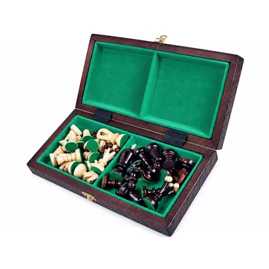 Open foldable box showing the pieces arranged on green felt