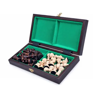 Open storage box, light and dark pieces separated on green felt