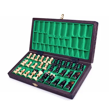 Pearl foldable wooden chess set, open case with green felt compartments