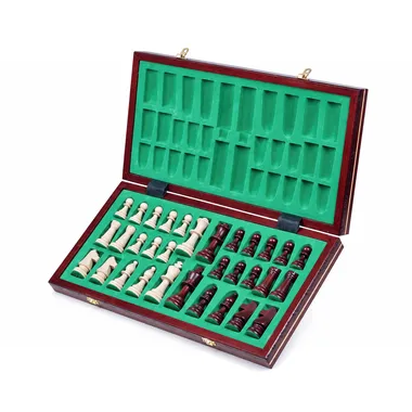Open storage box showing the built-in green felt compartments for the chess pieces