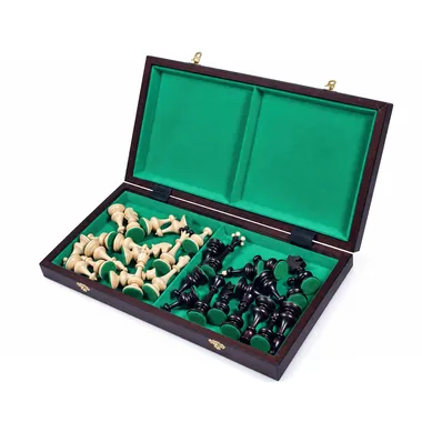 Open wooden storage box with green felt compartments and stored chess pieces