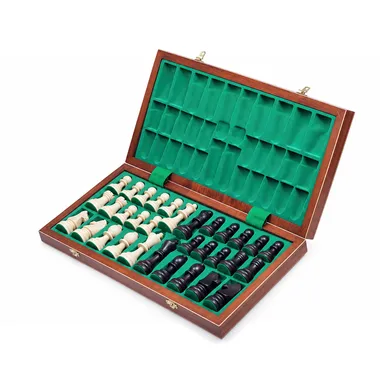 Open box showing the green felt-lined storage compartment and pieces