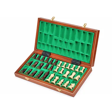 Opened Olympic folding box showing storage compartments lined with green felt