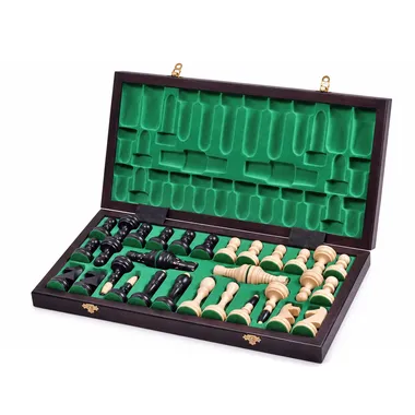 Open storage box with foldable chess board and pieces in their compartments