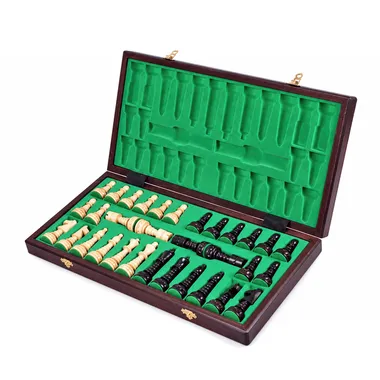 Folding board opened as a storage box with wooden chess pieces inside