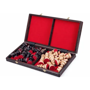 Open foldable box with chess pieces stored in red felt