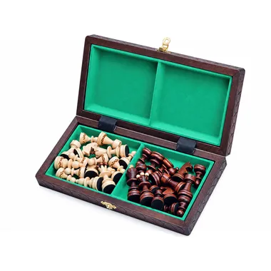 Open box of the foldable chess set, pieces stored in the green lining