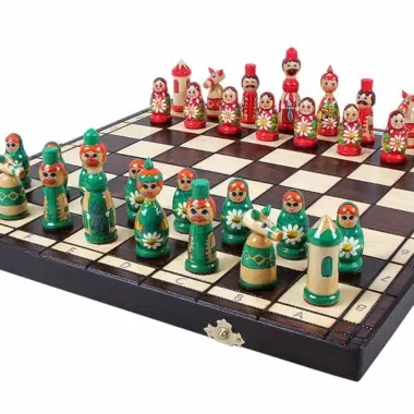 Wooden Chess Set for Children Babushka Russian Dolls Green