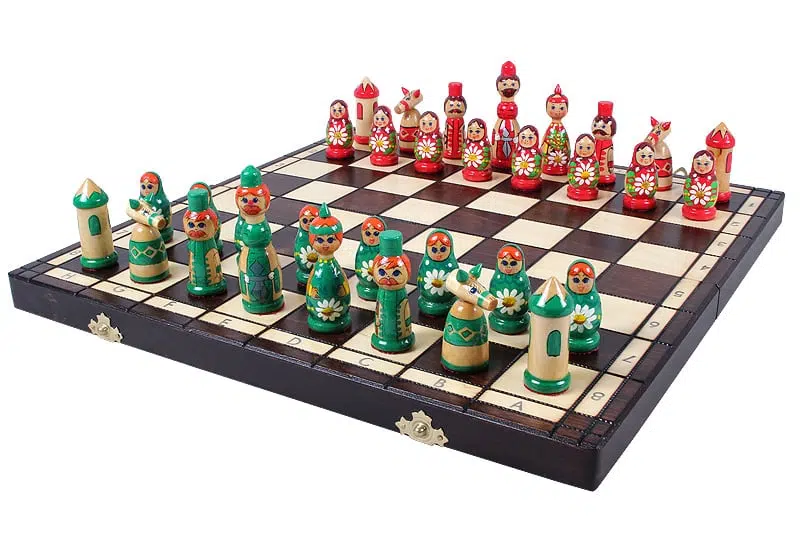 Wooden Chess Set for Children Babushka Russian Dolls Green