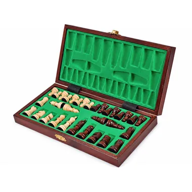 Open storage box with chess pieces tucked into green felt
