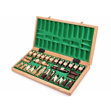 Open wooden box with chess pieces stored in the green felt
