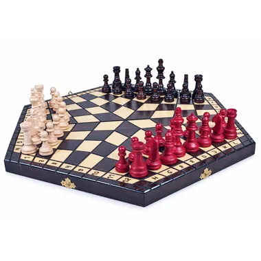 Three-player wooden chess set with red, natural and brown pieces