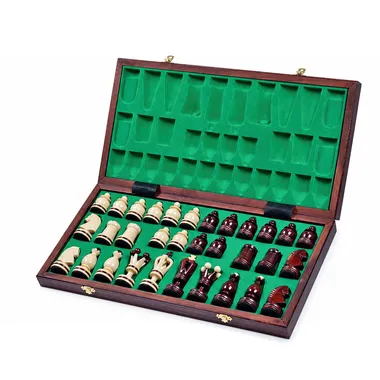 Open wooden storage box lined with green felt holding all the chess pieces