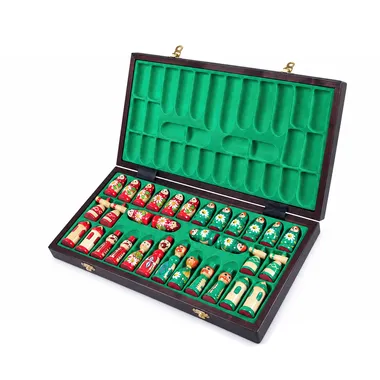 Open storage box showing the Russian dolls stored in their felt compartments
