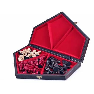 Open case of the three-player chess set showing pieces in their compartment