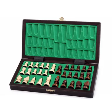 Open storage box with chess pieces arranged in the green felt