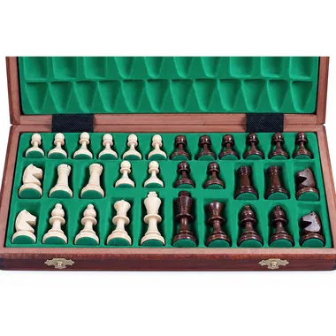 Open folding case showing chess pieces stored in green foam padding