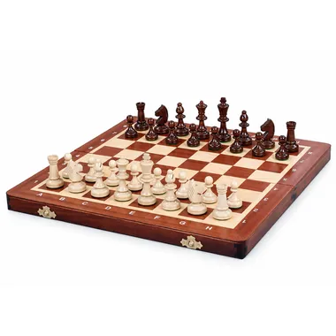 Complete chess set with wooden pieces on a foldable marquetry chess board