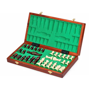 Open storage box showing green felt compartments and chess pieces