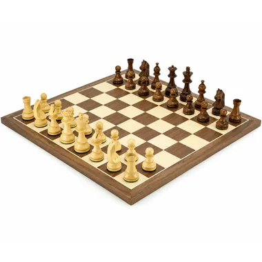 Golden rosewood chess set arranged on a walnut wood chessboard