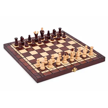 Foldable wooden chess board with light and dark chess pieces set up