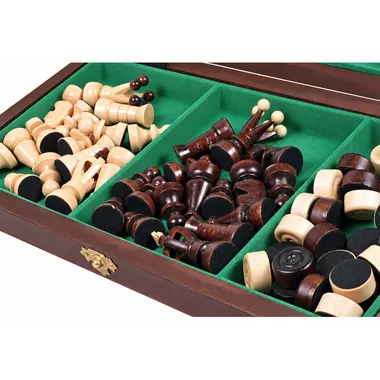 Open box showing chess pieces and draughts counters stored on green felt