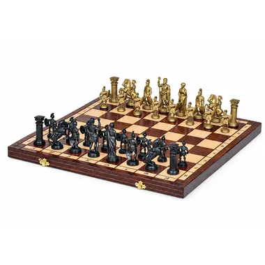 Folding wooden chess board with gold and black Spartan-themed pieces