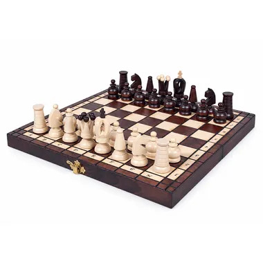 Ornate foldable wooden chess set, overview with pieces in place