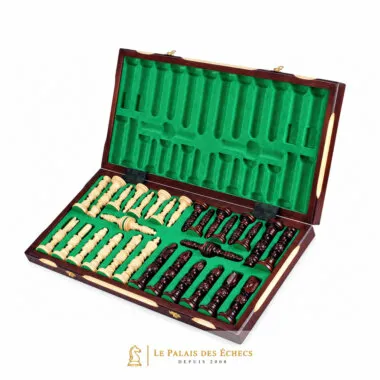 Open folding box with green compartment for storing the pieces