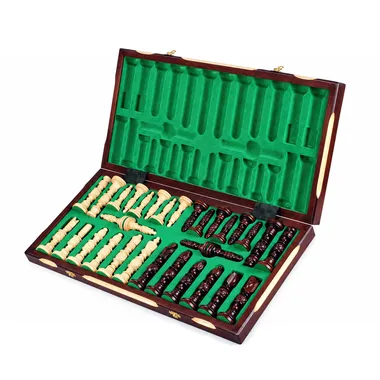Open folding box with green compartment for storing the pieces