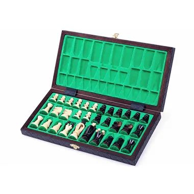 Open box showing the pieces stored in a green felt interior