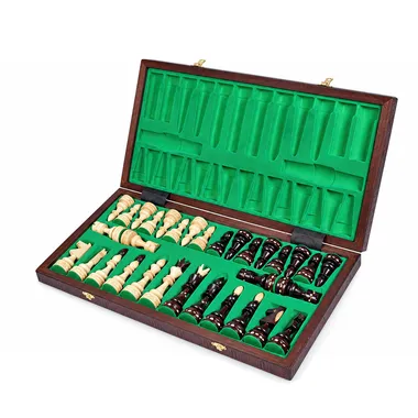 Open wooden box with pieces stored in the green lining