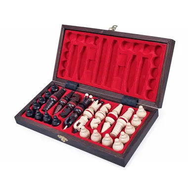 Open foldable storage box with pieces nestled in red foam