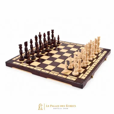 Carved wooden chess set displayed on an open folding board