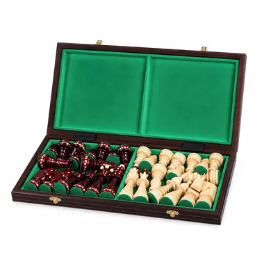 Open folding box with red and natural pieces stored in felt