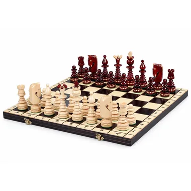 Ornate wooden chess set, overview on unfolded folding board