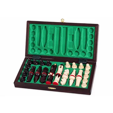 Open wooden box with green felt compartment and stored chess pieces