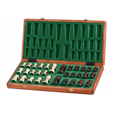Open wooden storage box with green felt compartments for pieces